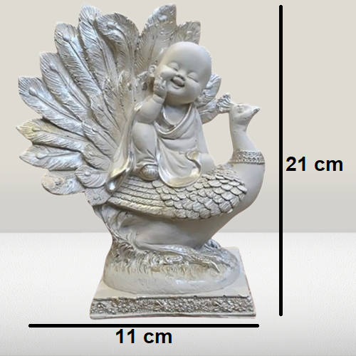 White Smiling Buddha Sitting on Peacock Resin Statue | EnamorarDecor