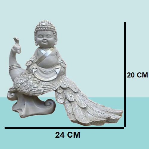 White Meditating Buddha Sitting on Peacock Resin Statue | EnamorarDecor