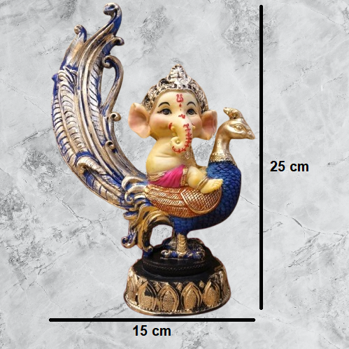 Multicolor Ganesh Sitting on Peacock Resin Statue | EnamorarDecor