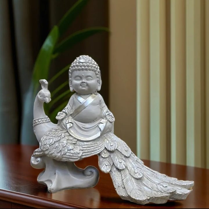 White Meditating Buddha Sitting on Peacock Resin Statue | EnamorarDecor