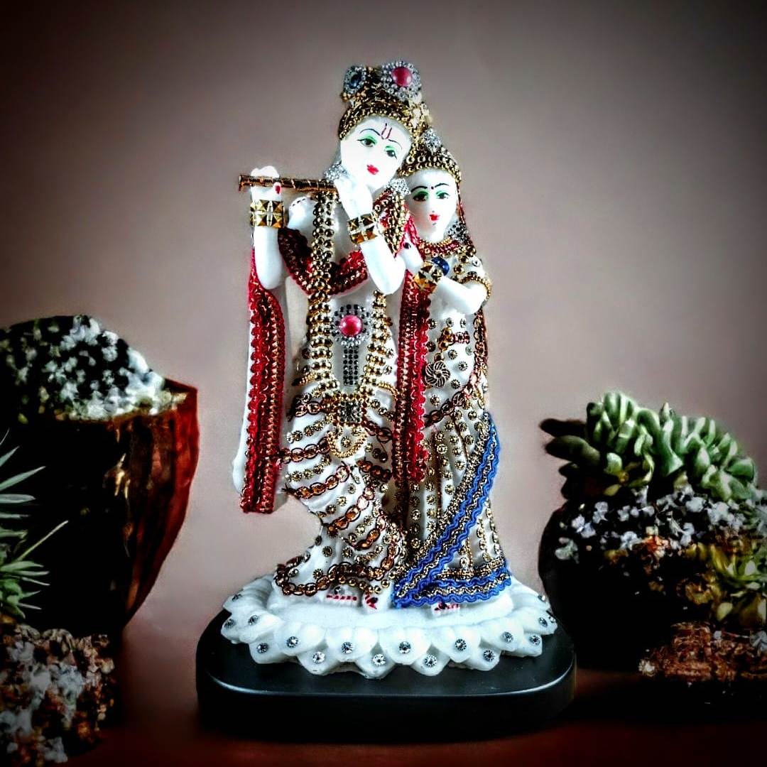 Marble Finish Multicolor Radha Krishna Standing Statue | EnamorarDecor