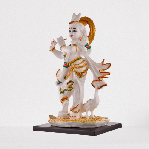 Marble Finish White & Gold Krishna Standing Statue | EnamorarDecor