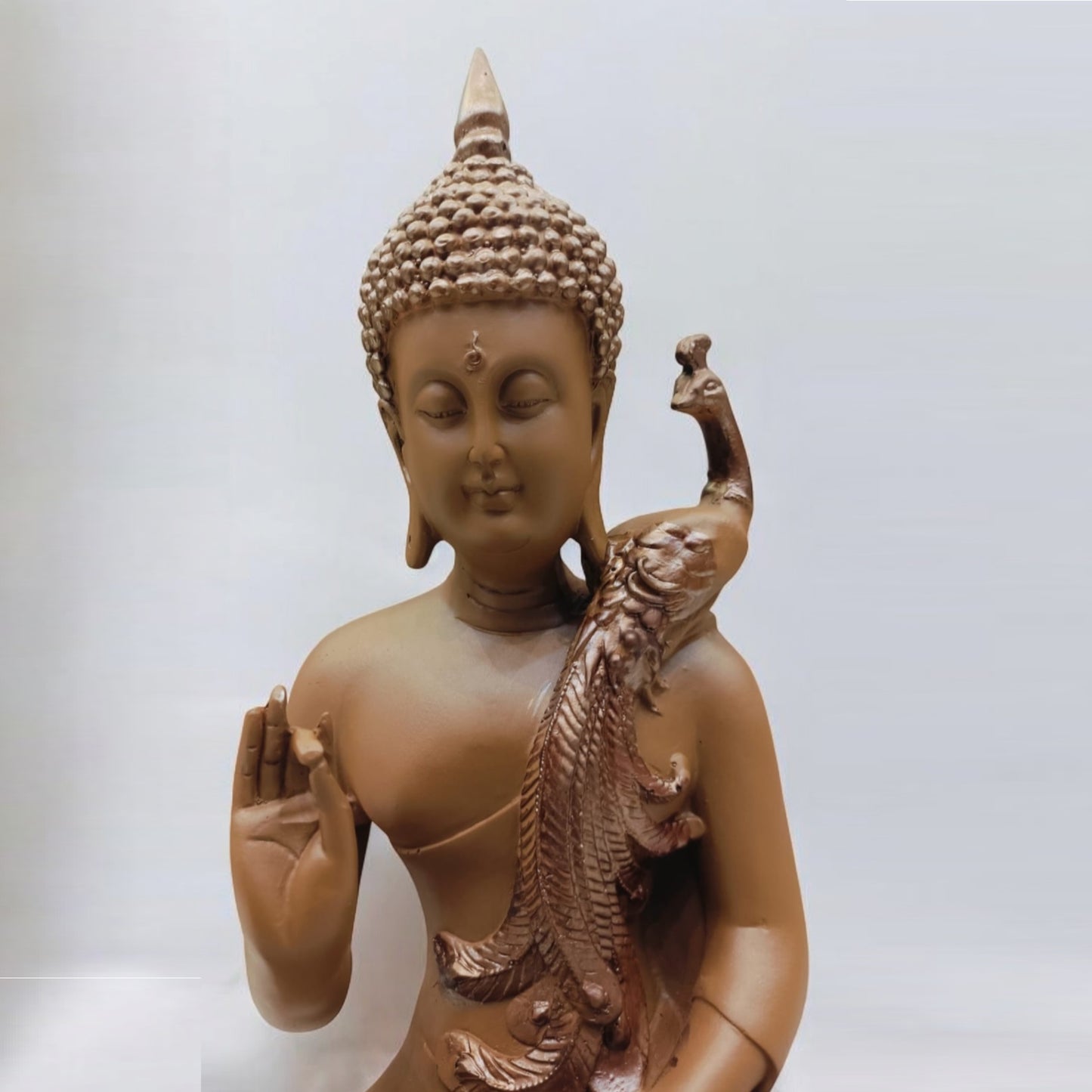 Brown Color Buddha with Peacock on Shoulder Statue | EnamorarDecor