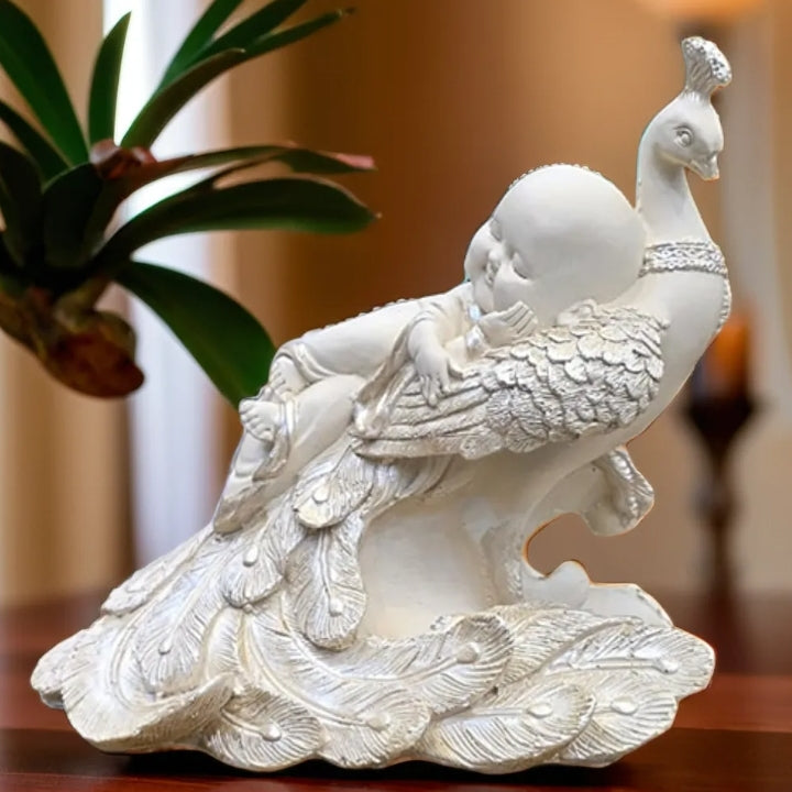 White Sleeping Buddha on Peacock Resin Statue | EnamorarDecor