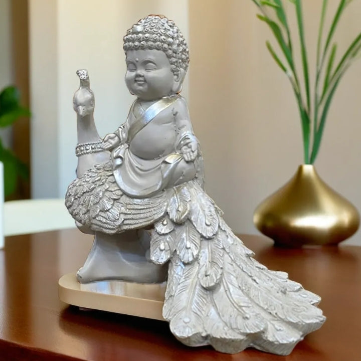 White Meditating Buddha Sitting on Peacock Resin Statue | EnamorarDecor