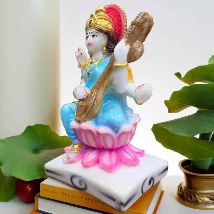 Small Goddess Saraswati Sitting on Lotus Statue | EnamorarDecor