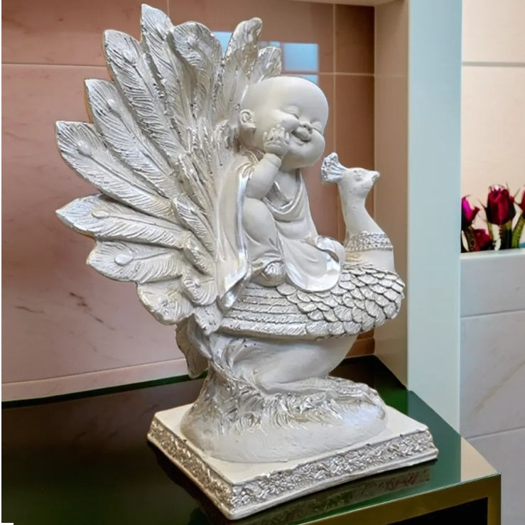 White Smiling Buddha Sitting on Peacock Resin Statue | EnamorarDecor