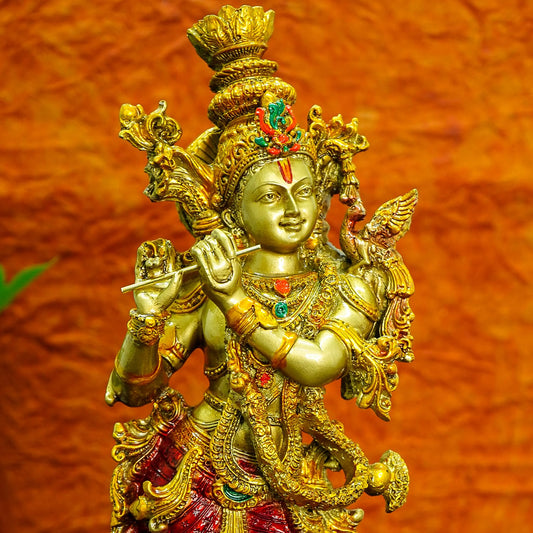 Golden Krishna Playing Flute Resin Statue | EnamorarDecor