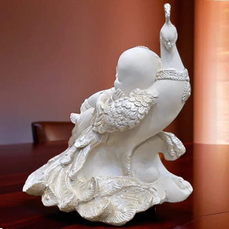 White Sleeping Buddha on Peacock Resin Statue | EnamorarDecor