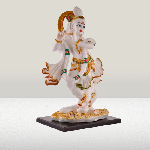 Marble Finish White & Gold Krishna Standing Statue | EnamorarDecor