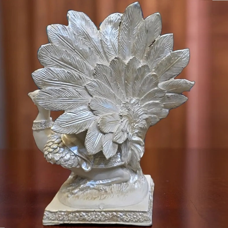White Smiling Buddha Sitting on Peacock Resin Statue | EnamorarDecor