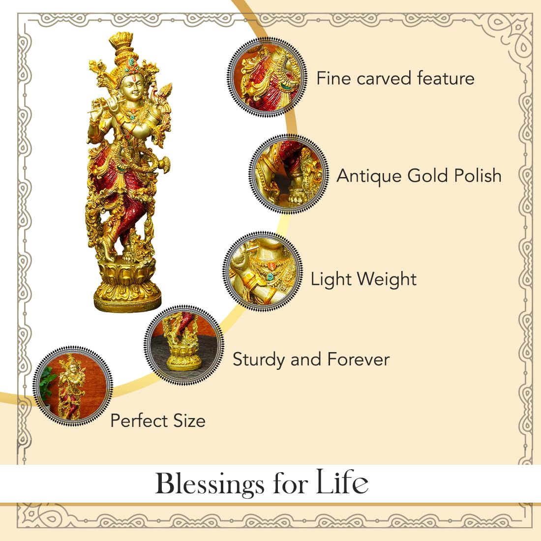 Golden Krishna Playing Flute Resin Statue | EnamorarDecor