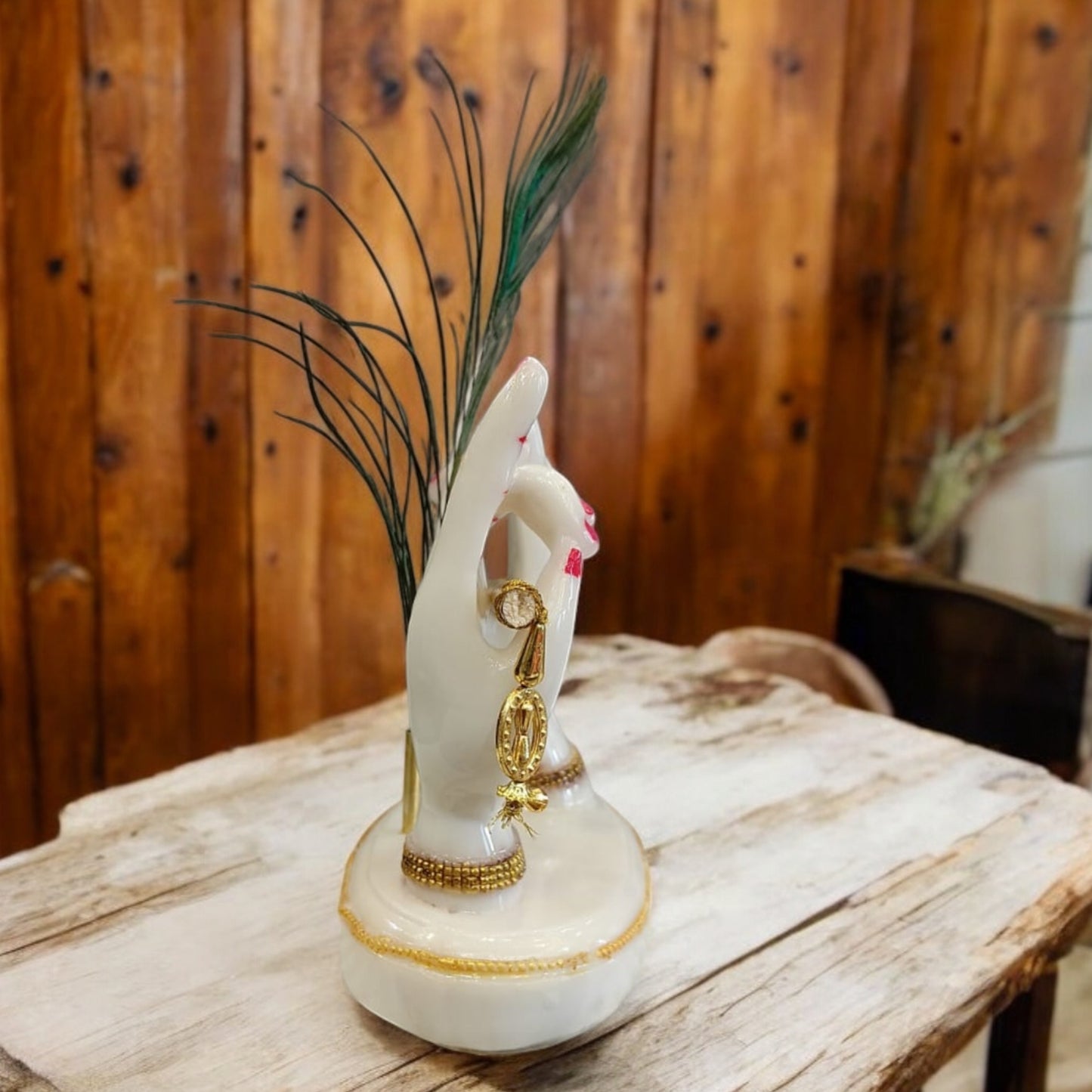Lord Krishna Hand with Flute Antique Sculpture (White) | EnamorarDecor