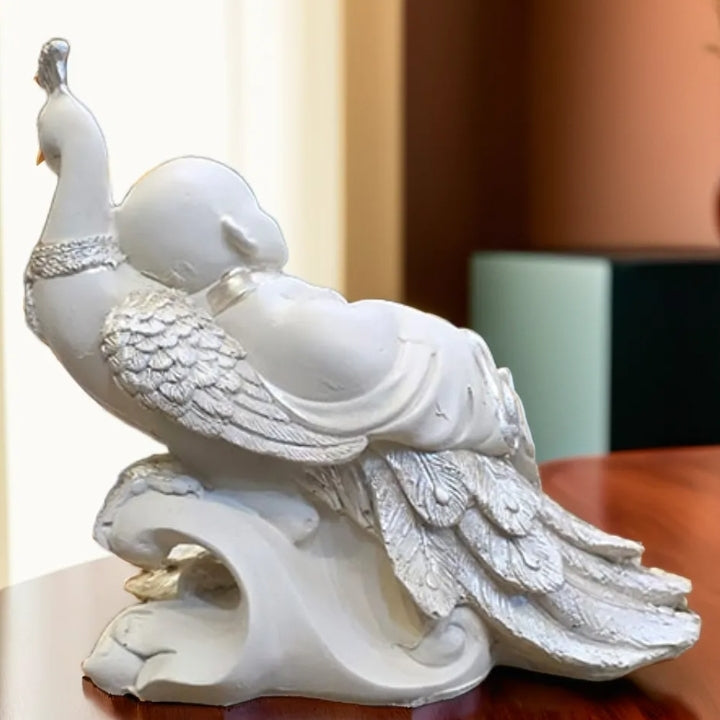 White Sleeping Buddha on Peacock Resin Statue | EnamorarDecor