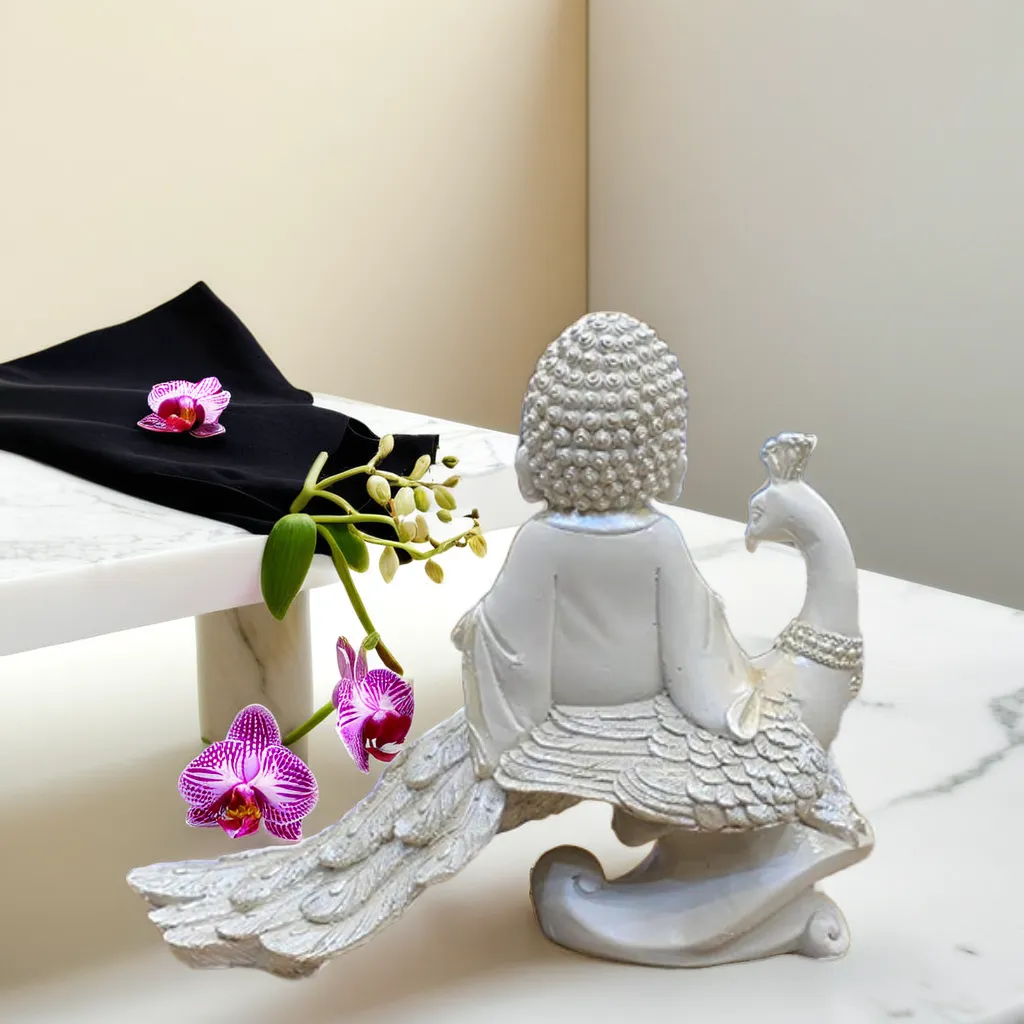 White Meditating Buddha Sitting on Peacock Resin Statue | EnamorarDecor