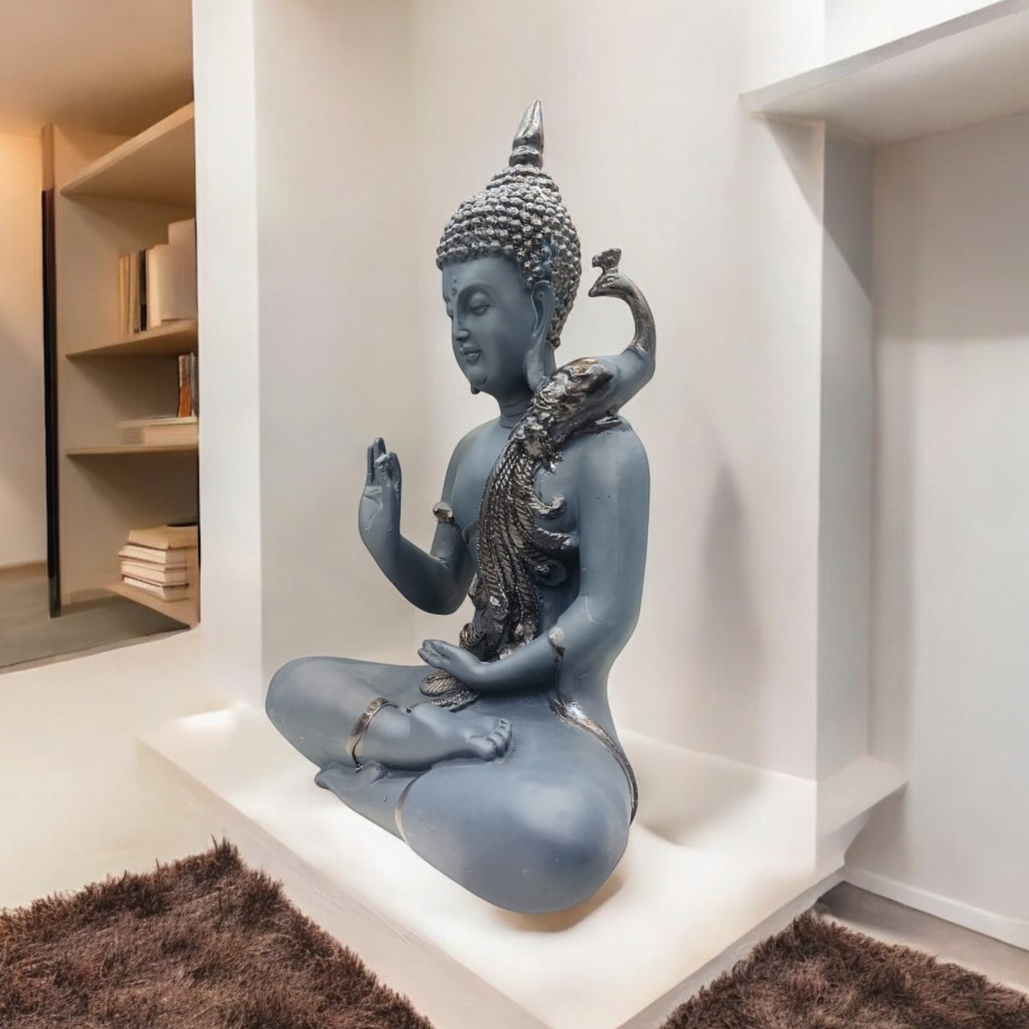 Black Color Buddha with Peacock on Shoulder Statue | EnamorarDecor