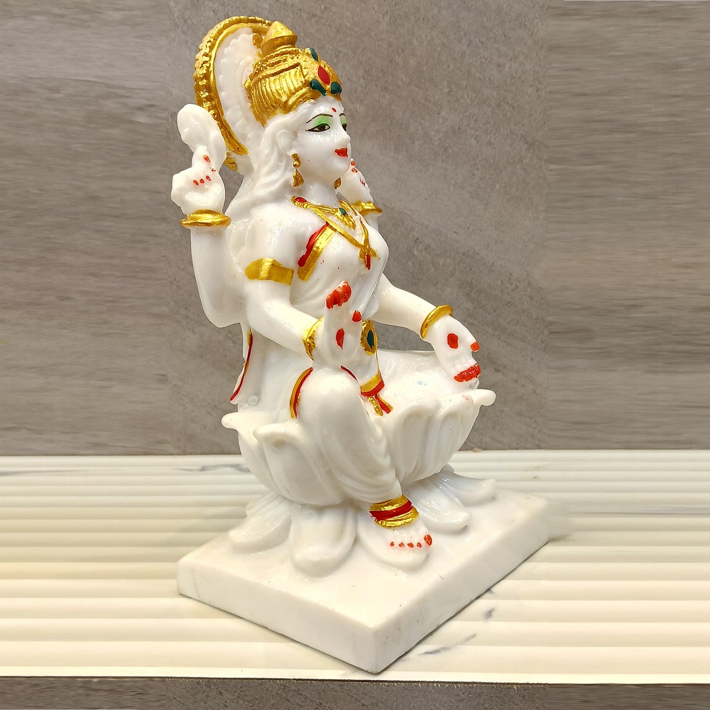 Marble Finish Goddess Laxmi Sitting on Kamal Statue | EnamorarDecor