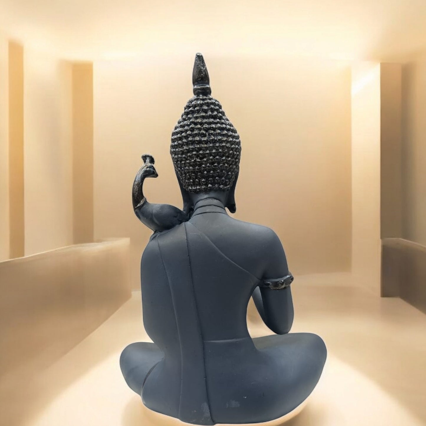 Black Color Buddha with Peacock on Shoulder Statue | EnamorarDecor
