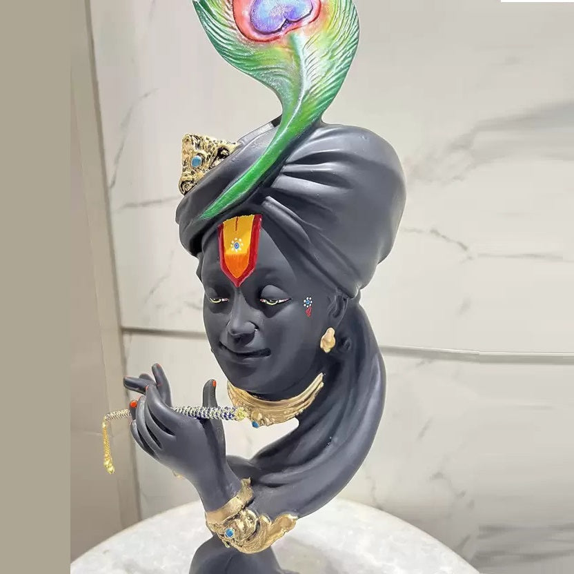 Black Color Krishna Face Playing Flute Resin Statue | EnamorarDecor
