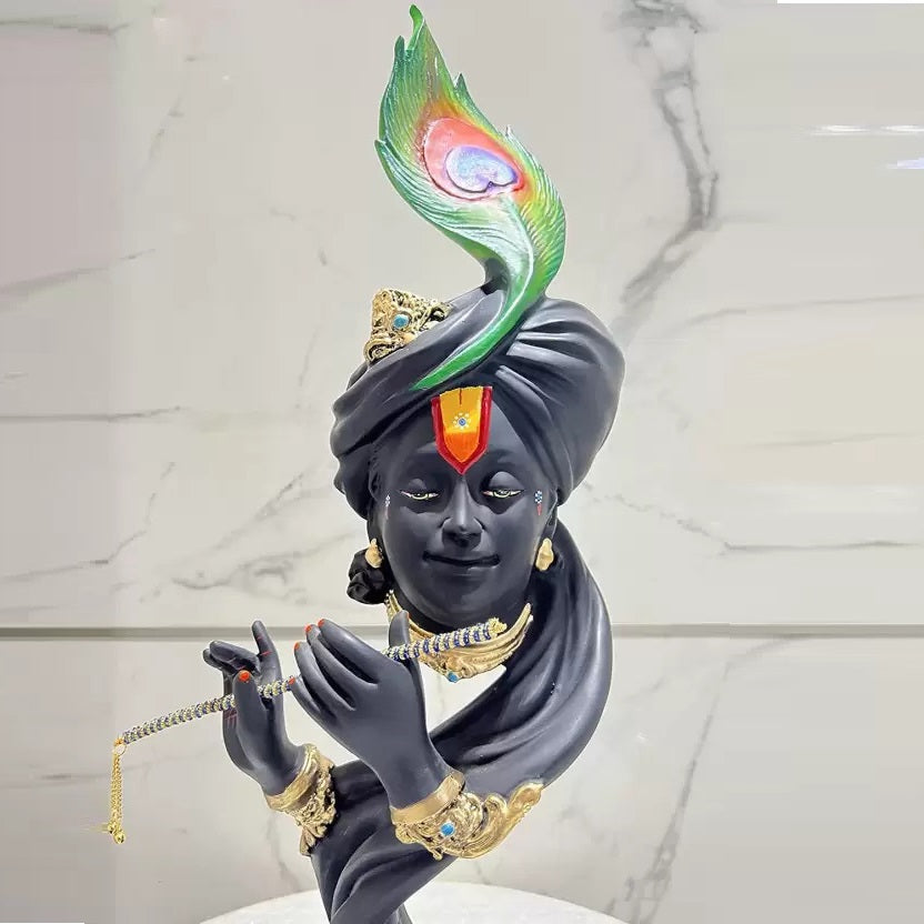 Black Color Krishna Face Playing Flute Resin Statue | EnamorarDecor