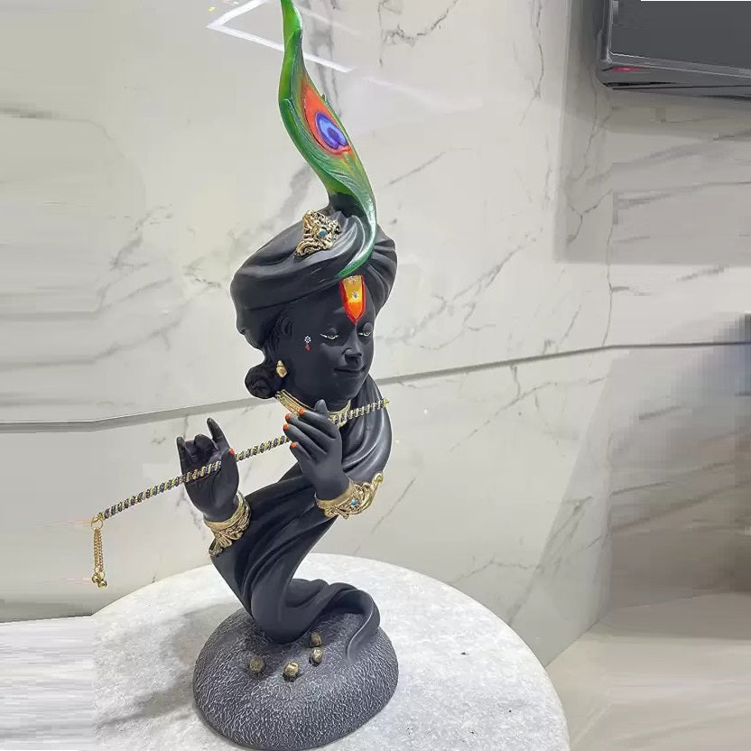 Black Color Krishna Face Playing Flute Resin Statue | EnamorarDecor