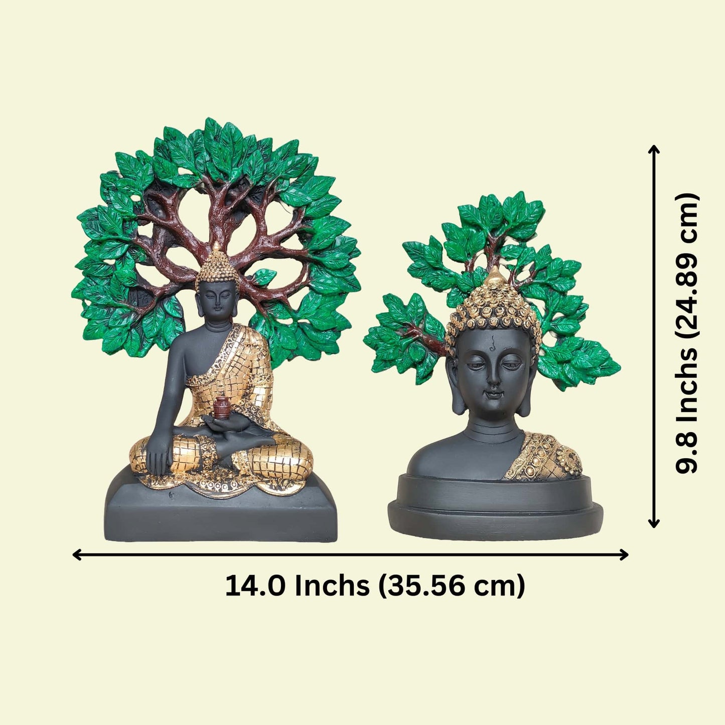 Antique Buddha Tree Set of 2 Sculptures (Black & Green) | EnamorarDecor