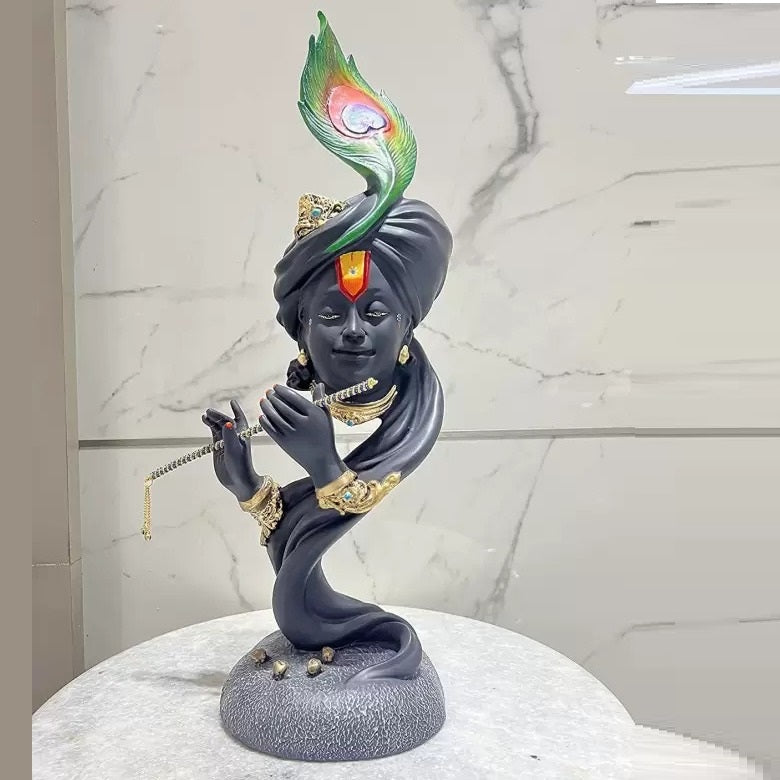 Black Color Krishna Face Playing Flute Resin Statue | EnamorarDecor