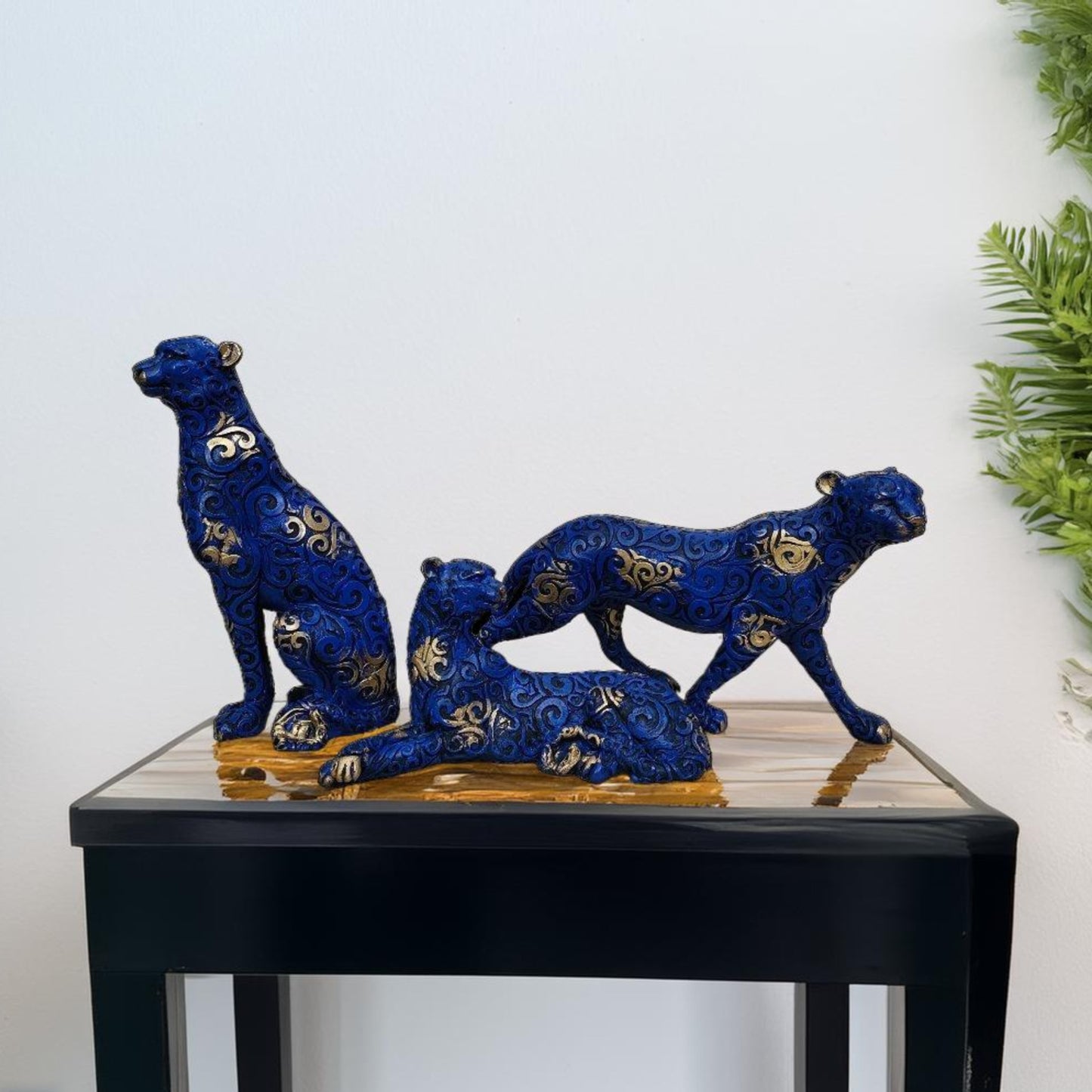 Antique Blue Panthers Set of 3 Sculptures | EnamorarDecor