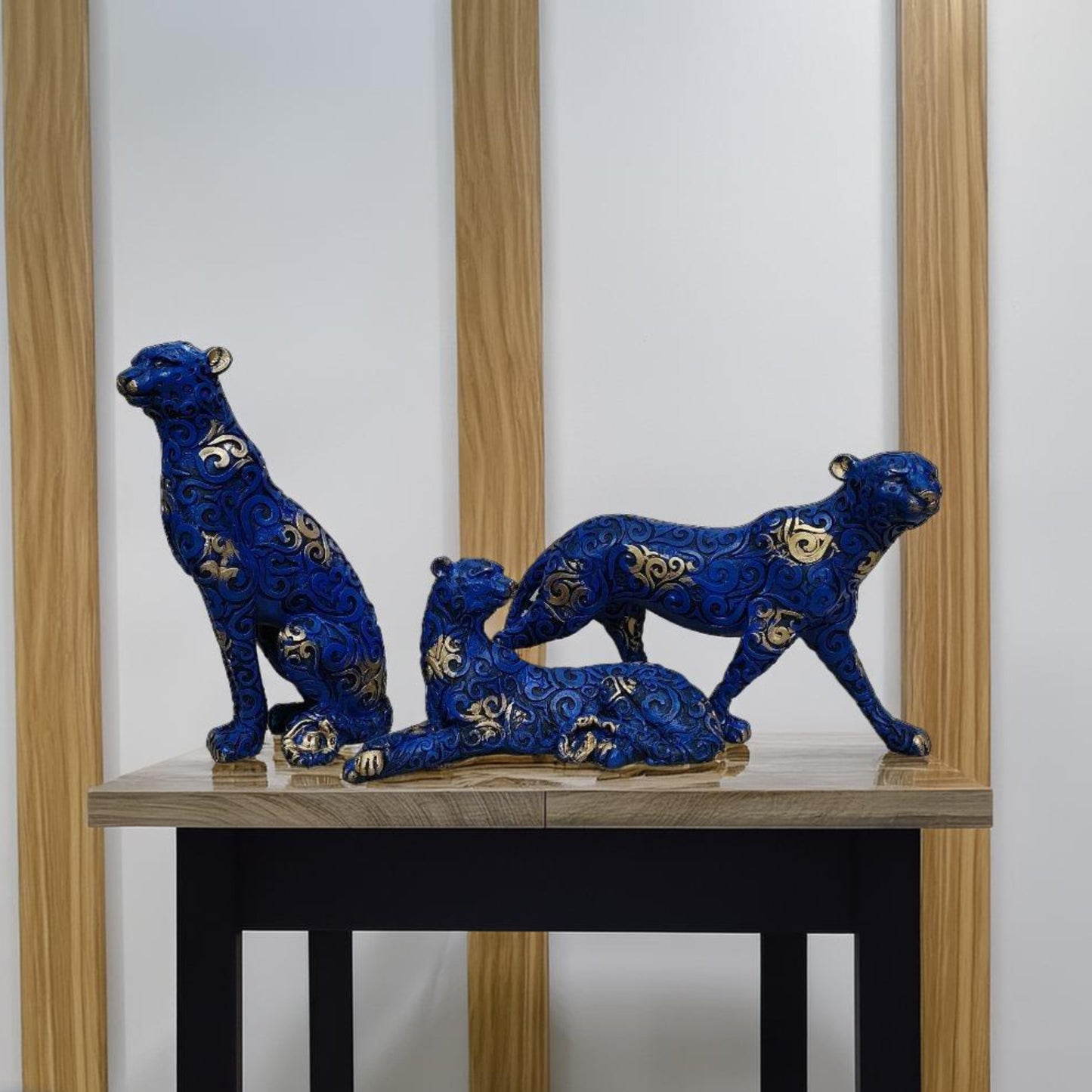 Antique Blue Panthers Set of 3 Sculptures | EnamorarDecor