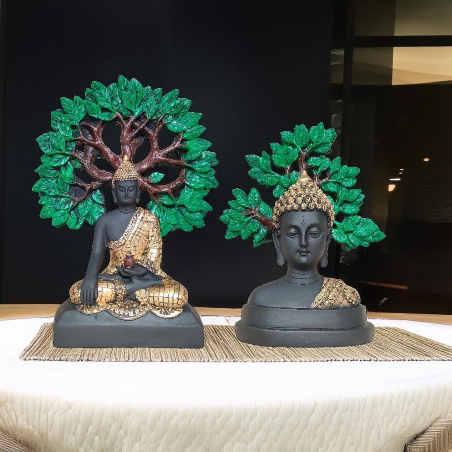 Antique Buddha Tree Set of 2 Sculptures (Black & Green) | EnamorarDecor
