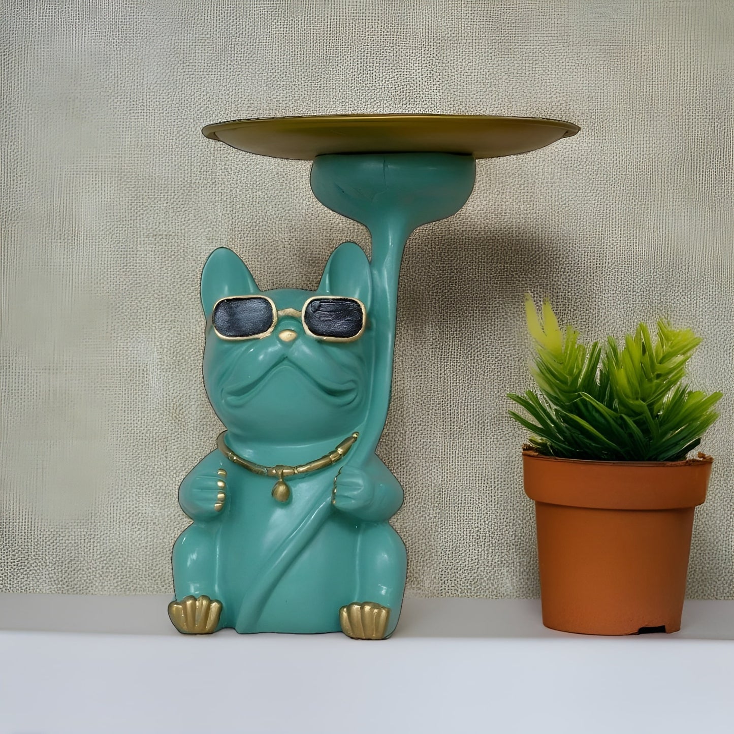 Cool Dog Sculpture with Metal Serving Tray (Green) | EnamorarDecor