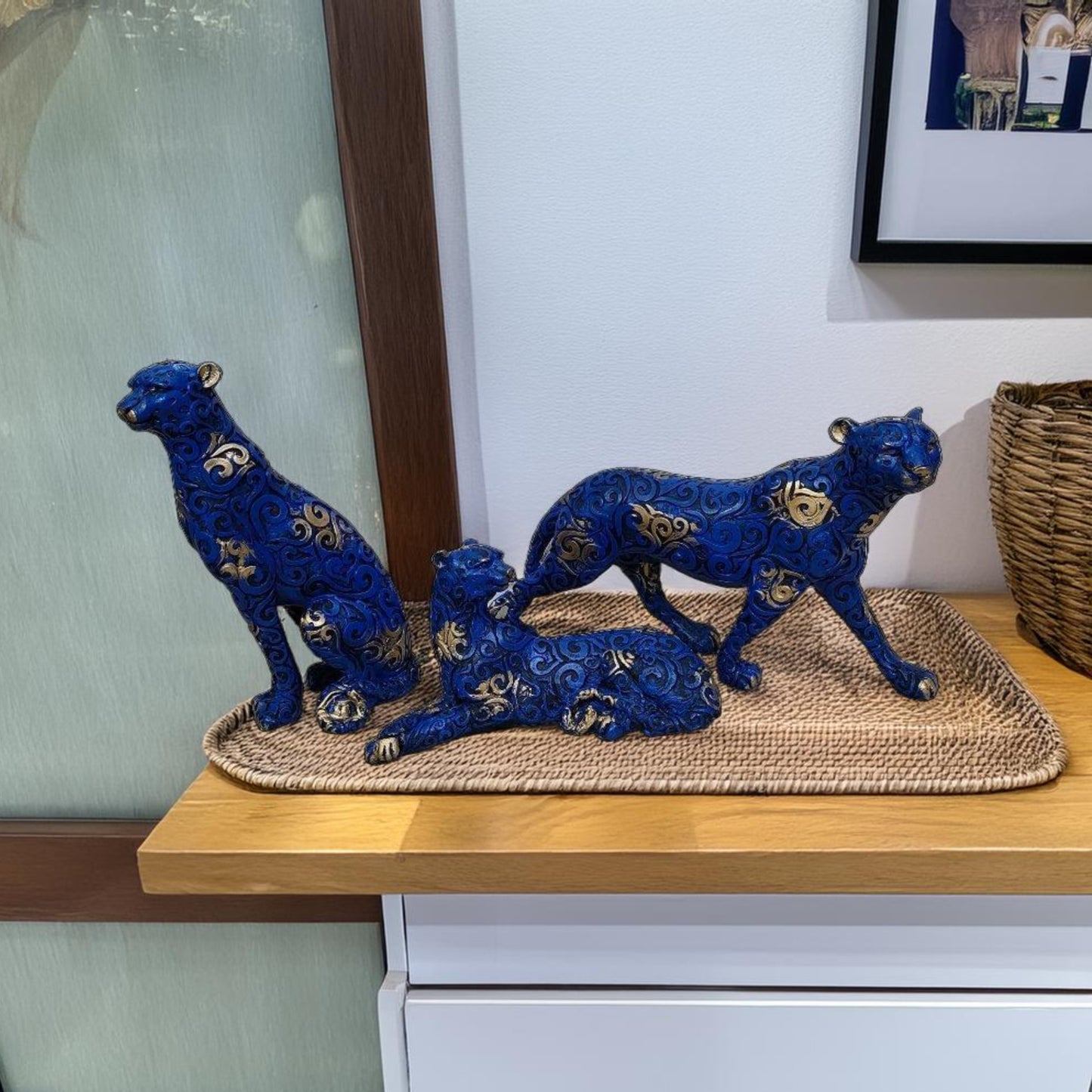 Antique Blue Panthers Set of 3 Sculptures | EnamorarDecor