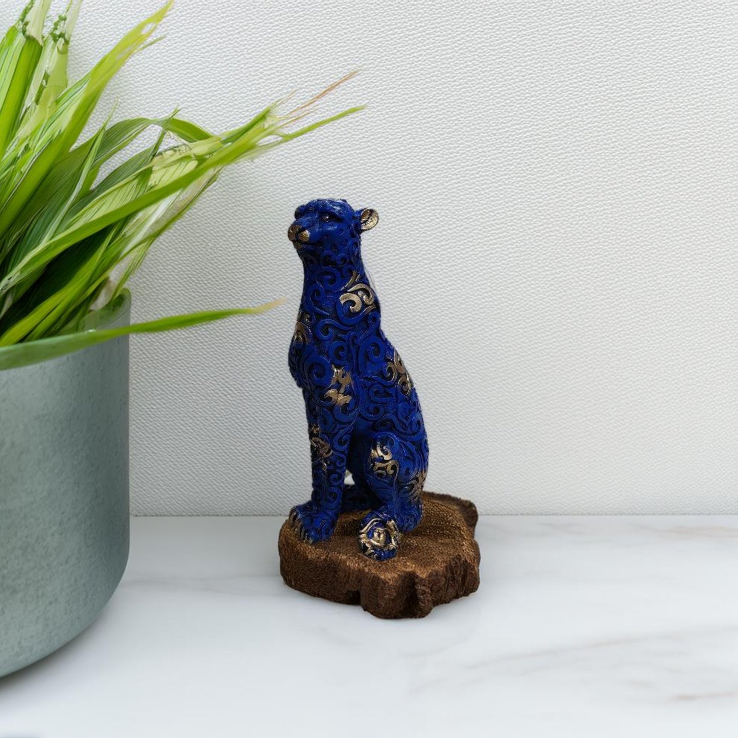 Antique Blue Panther Sitting Royalty Sculpture | EnamorarDecor