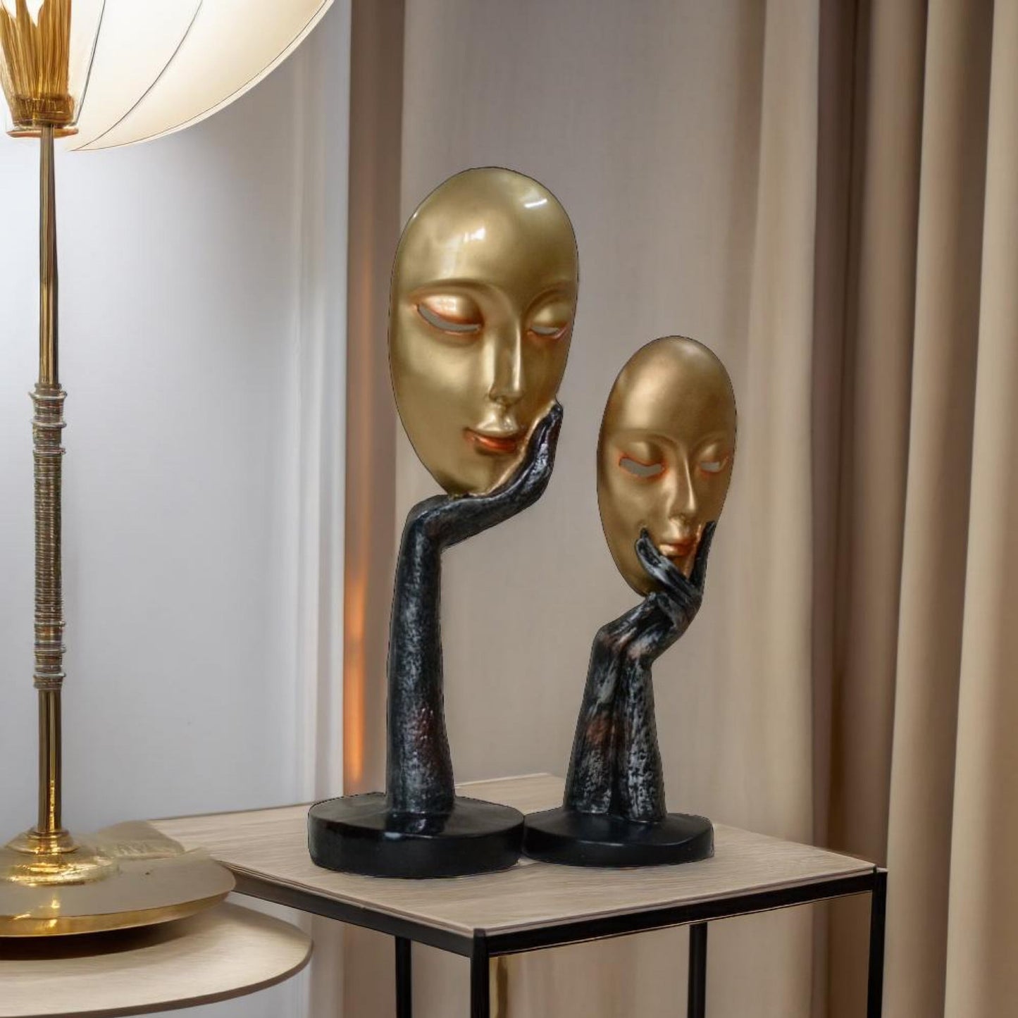 2 Lady Face Mask In Hand Sculpture (Antique) | EnamorarDecor
