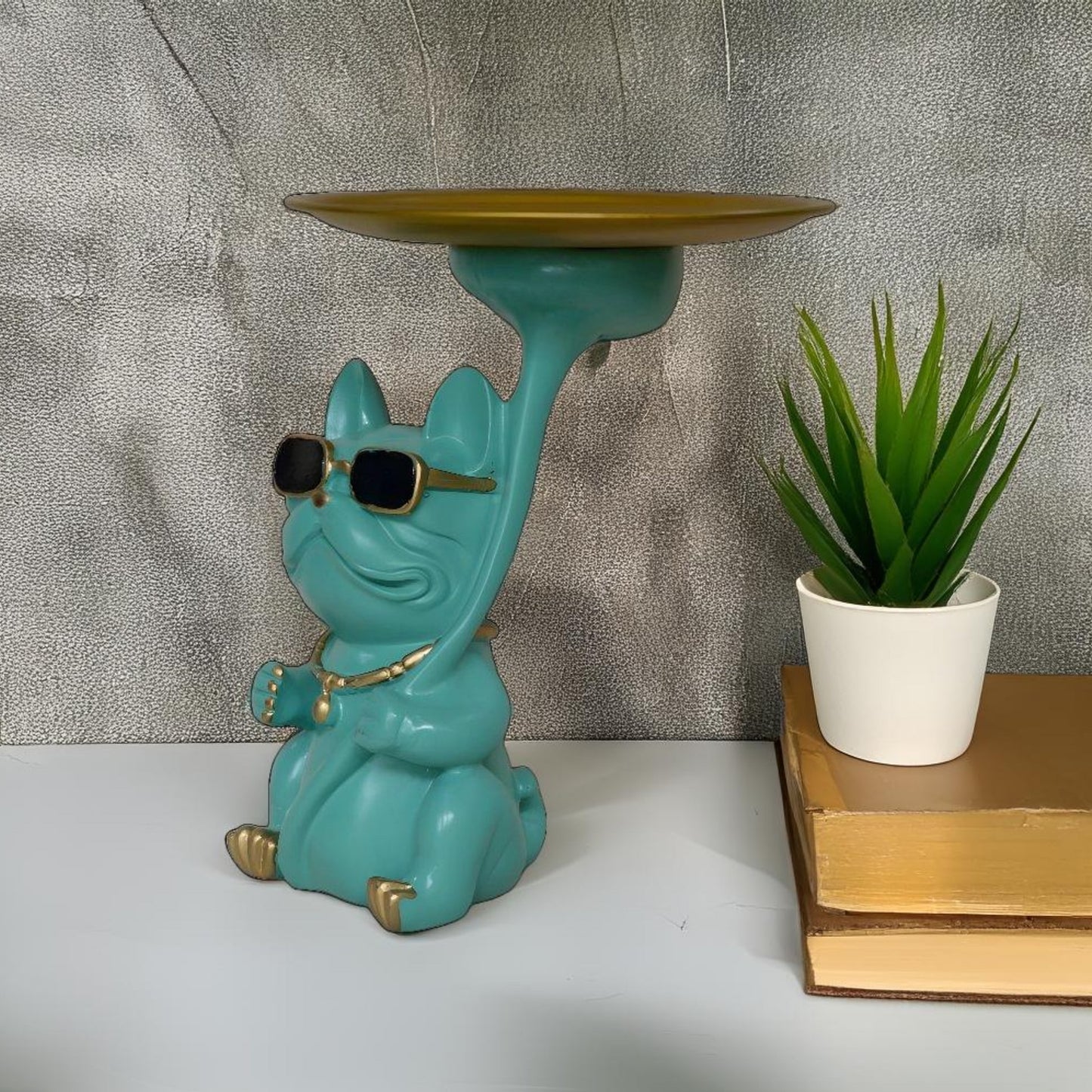 Cool Dog Sculpture with Metal Serving Tray (Green) | EnamorarDecor