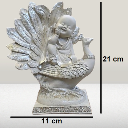 White Smiling Buddha Sitting on Peacock Resin Statue | EnamorarDecor