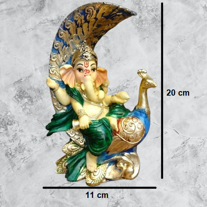 Multicolor Ganesha Sitting on Peacock Resin Statue | EnamorarDecor
