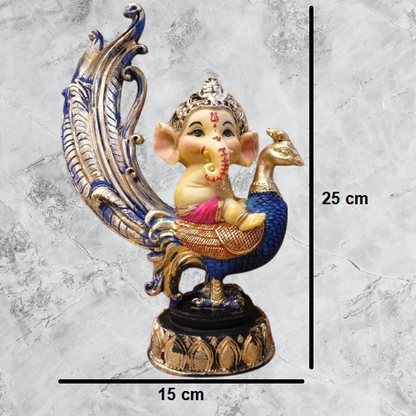 Multicolor Ganesh Sitting on Peacock Resin Statue | EnamorarDecor