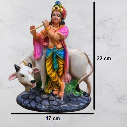Multicolor Krishna Playing Flute with Cow Resin Statue | EnamorarDecor