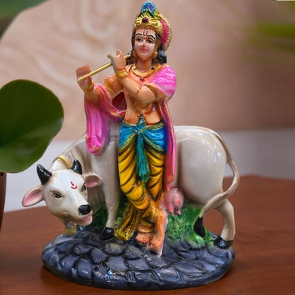 Multicolor Krishna Playing Flute with Cow Resin Statue | EnamorarDecor