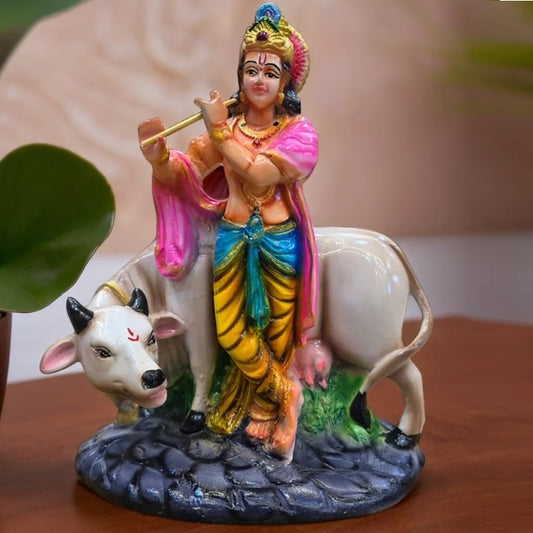 Multicolor Krishna Playing Flute with Cow Resin Statue | EnamorarDecor
