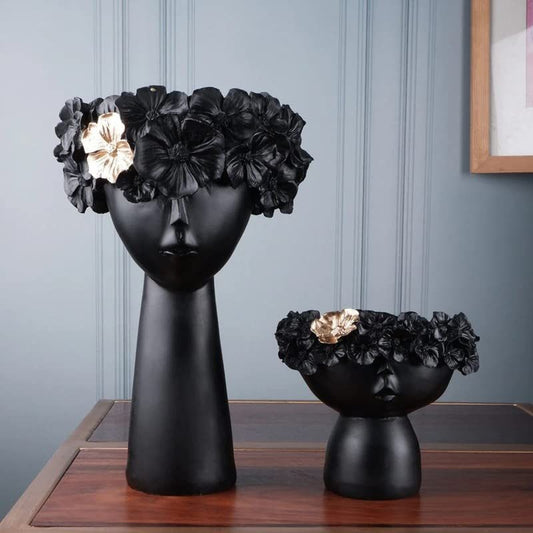 Black Lady Flower Pot Set Made of Resin | EnamorarDecor