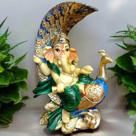 Multicolor Ganesha Sitting on Peacock Resin Statue | EnamorarDecor