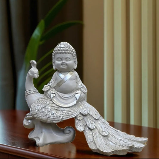 White Meditating Buddha Sitting on Peacock Resin Statue | EnamorarDecor