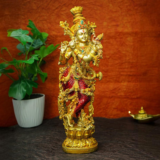 Golden Krishna Playing Flute Resin Statue | EnamorarDecor