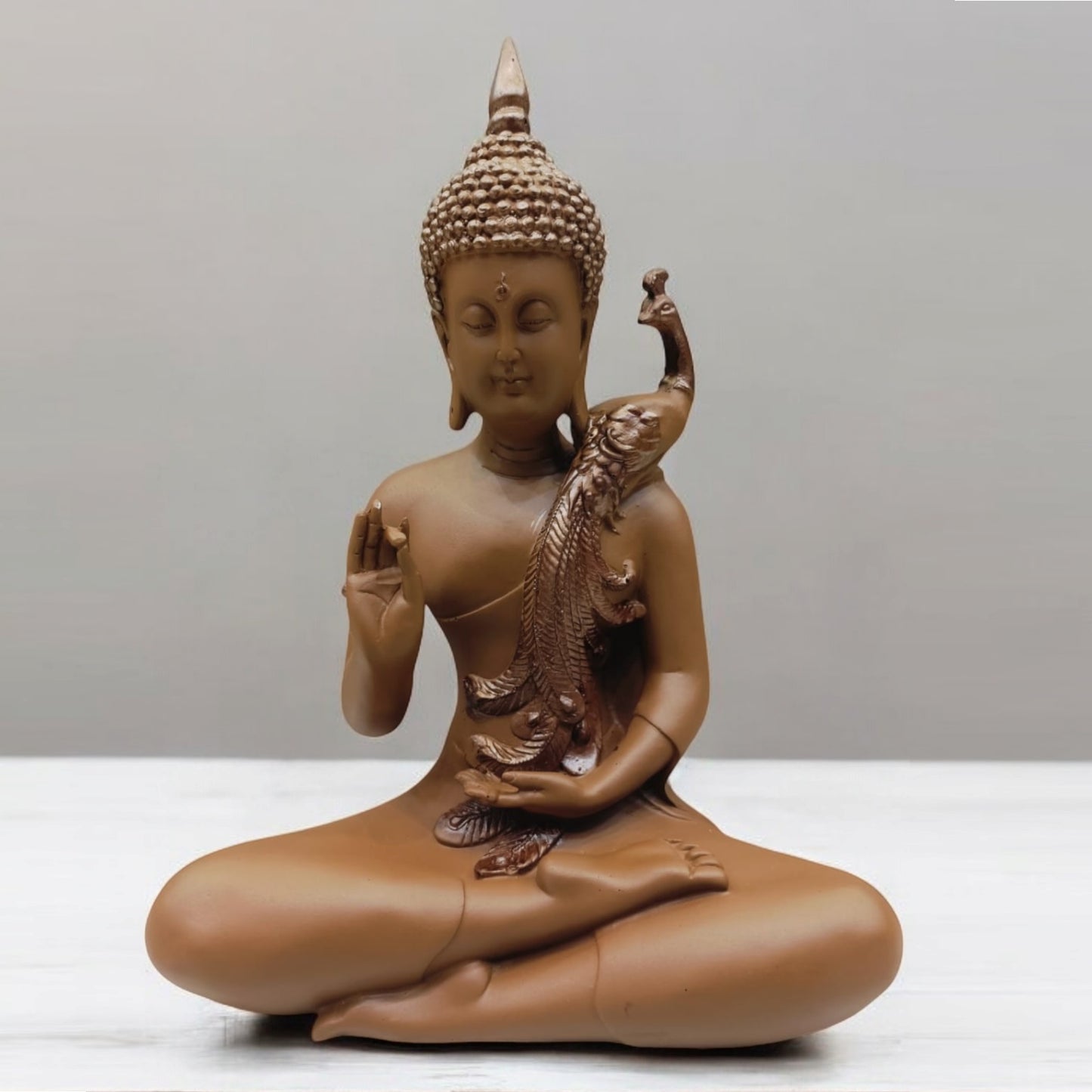 Brown Color Buddha with Peacock on Shoulder Statue | EnamorarDecor
