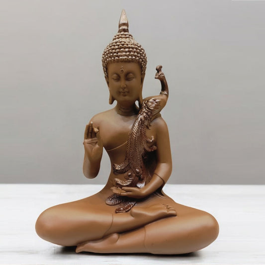 Brown Color Buddha with Peacock on Shoulder Statue | EnamorarDecor