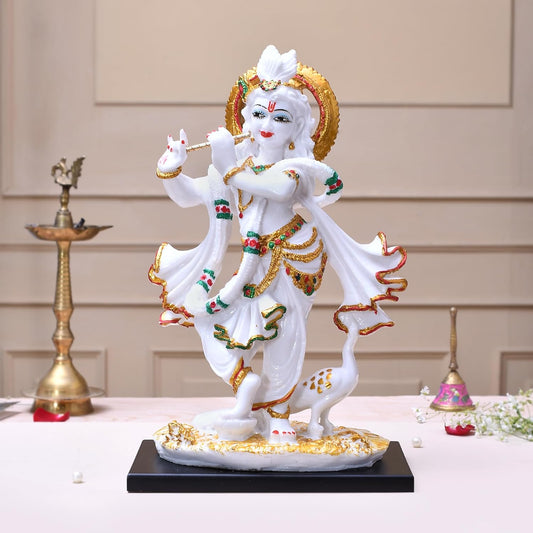 Marble Finish White & Gold Krishna Standing Statue | EnamorarDecor