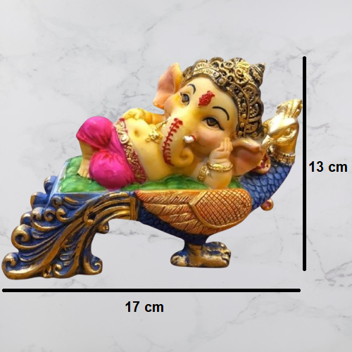 Multicolor Ganesha Lying on Peacock Resin Statue | EnamorarDecor
