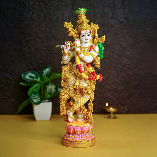 Multicolor Marble Finish Standing Krishna Playing Flute Statue | EnamorarDecor